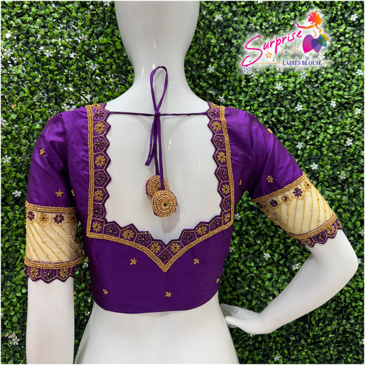 Designer handwork Ari work blouse purple color