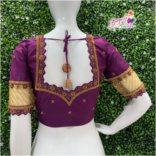 Designer handwork Ari work blouse purple color