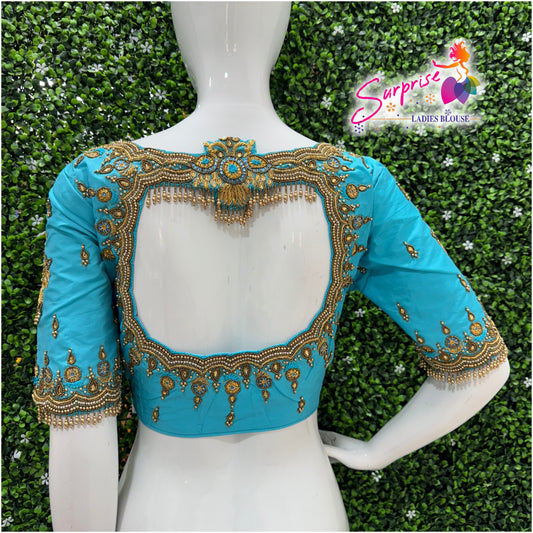 Designer handwork Ari work blouse Blue color