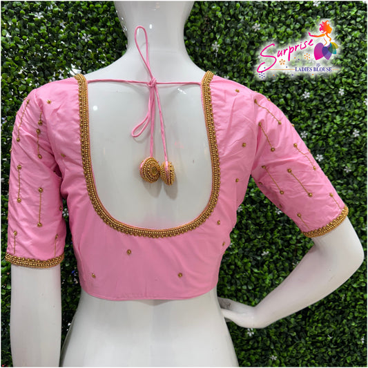 Designer handwork Ari work blouse baby pink color