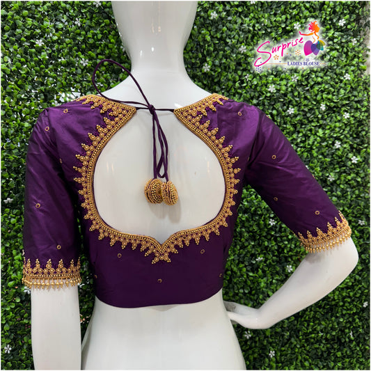 Designer handwork Ari work blouse Purple color