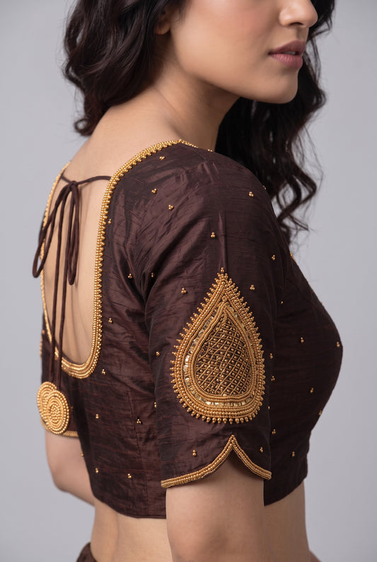 HANDWORK READY MADE BLOUSE  AARI WORK (BROWN)