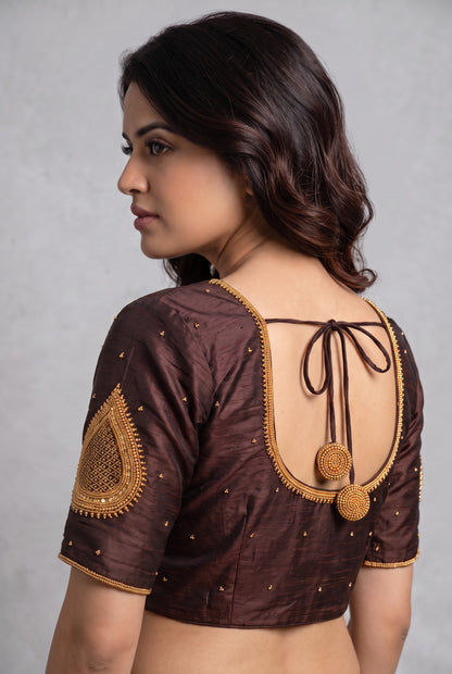 HANDWORK READY MADE BLOUSE  AARI WORK (BROWN)