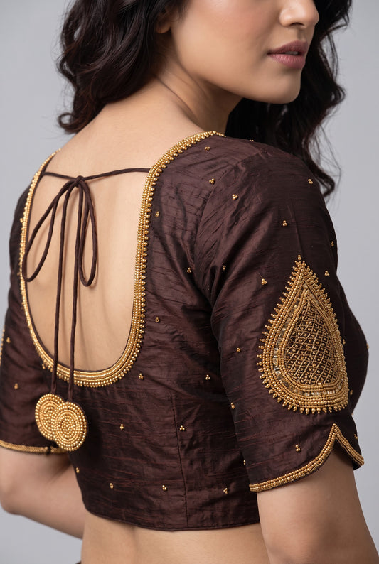HANDWORK READY MADE BLOUSE  AARI WORK (BROWN)