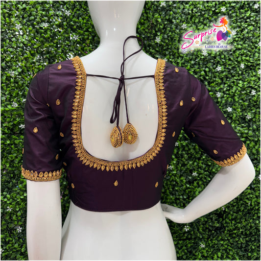 Designer handwork Ari work blouse purple color