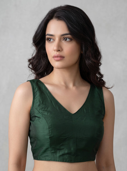 READY MADE SLEEVELESS SILK BLOUSE (BOTTLE GREEN)