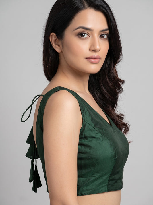 READY MADE SLEEVELESS SILK BLOUSE (BOTTLE GREEN)