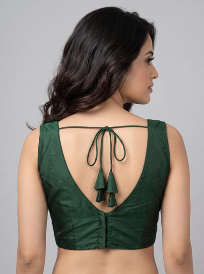 READY MADE SLEEVELESS SILK BLOUSE (BOTTLE GREEN)