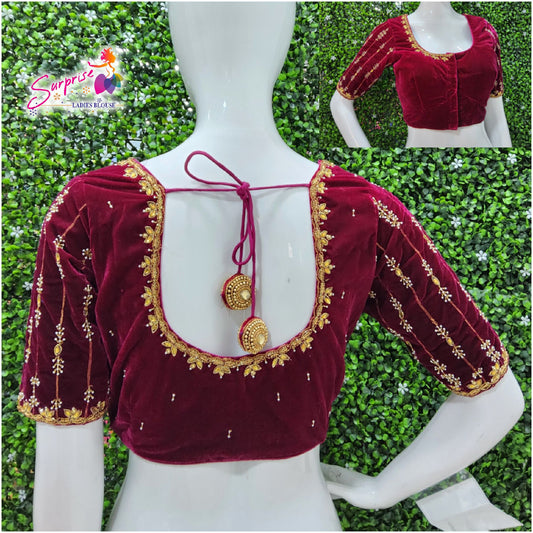Velvet Handwork Blouse maroon color