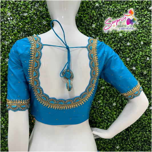 Designer handwork Ari work blouse Blue color