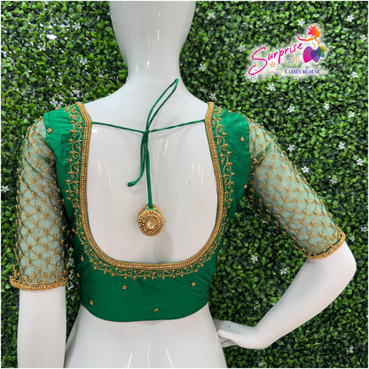 Designer handwork Ari work blouse Green color