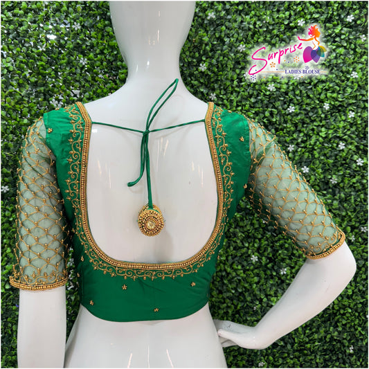 Designer handwork Ari work blouse Green color