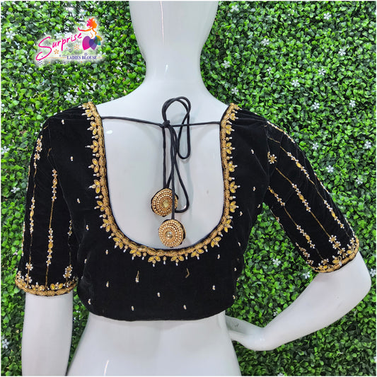 Velvet handwork designer Readymade blouse black color