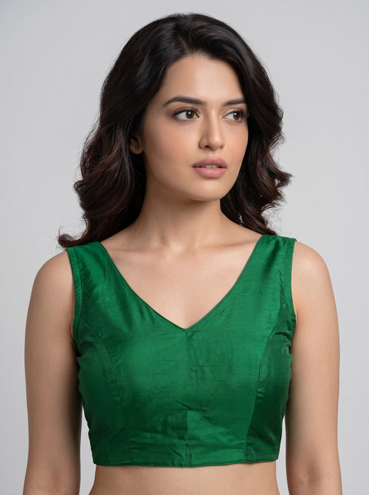 READY MADE SLEEVELESS SILK BLOUSE (GREEN)