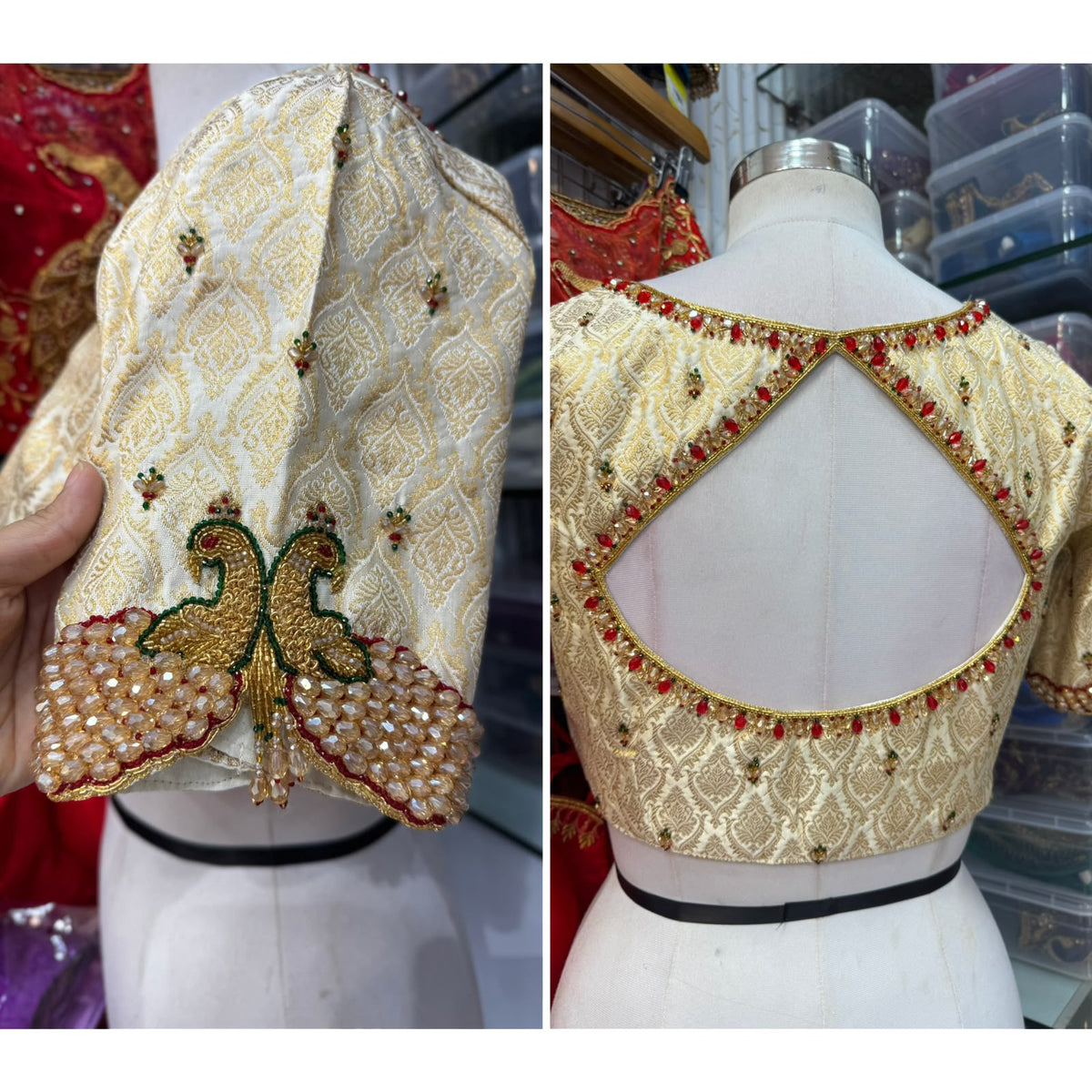 A split view of a traditional Indian blouse: the left panel shows the embroidered peacock motif on the sleeve, and the right panel shows the open back neckline with beaded trim. The blouse is displayed on a mannequin in what appears to be a retail or tailoring shop.