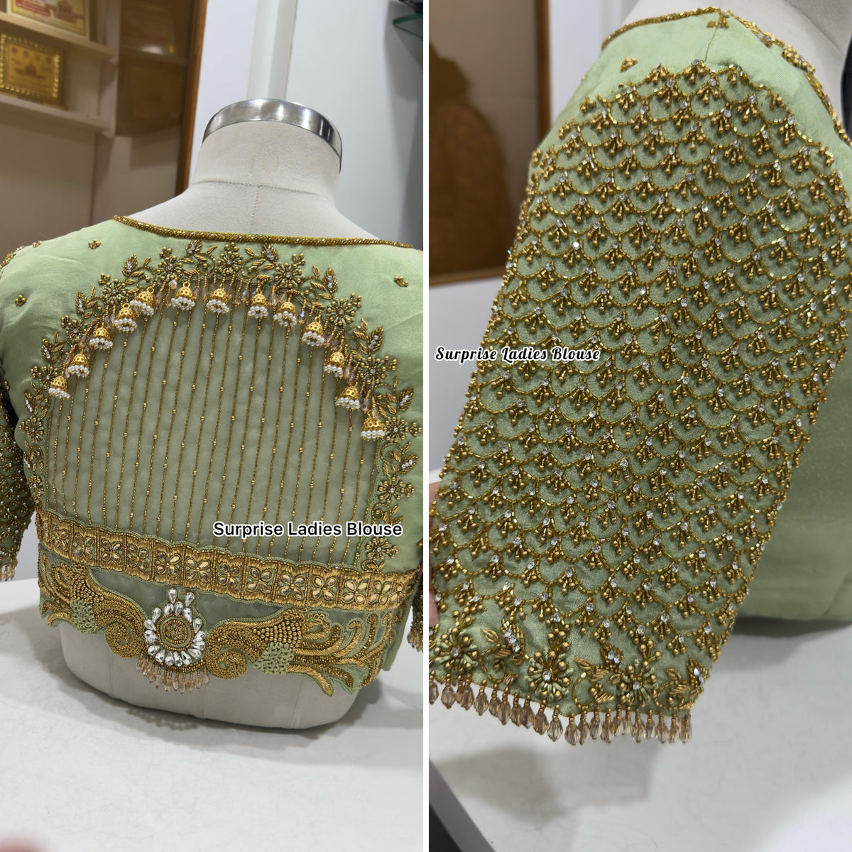 Designer handwork Ari work blouse PISTA GREEN colour