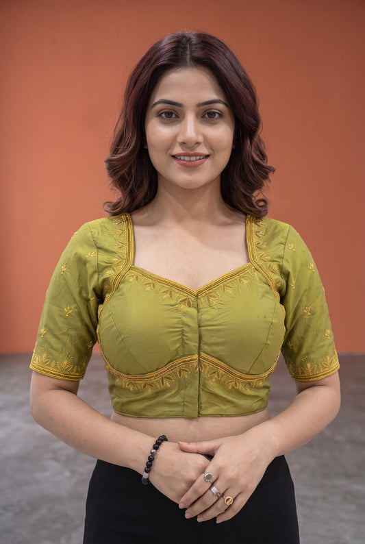 Madhubala Machine work designer Readymade blouse Mehndi Green