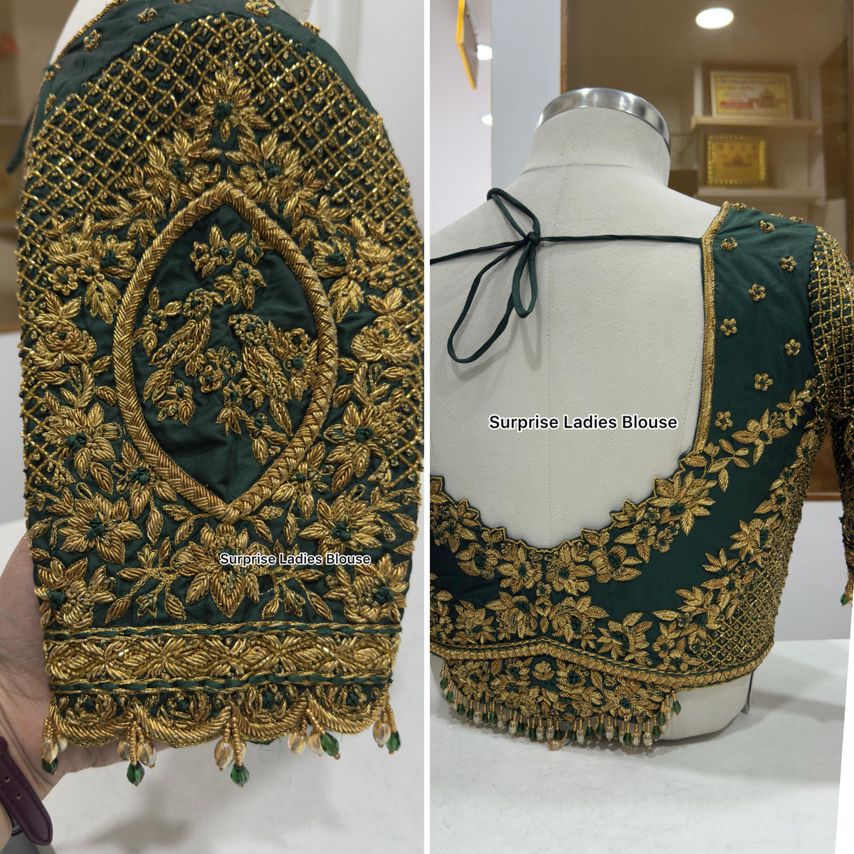 Designer handwork Ari work GREEN blouse