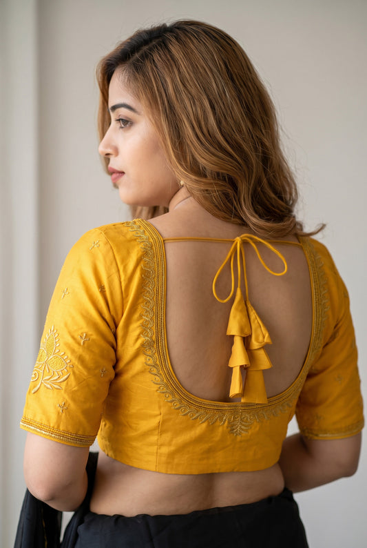 Machine work designer Readymade blouse yellow mustard color