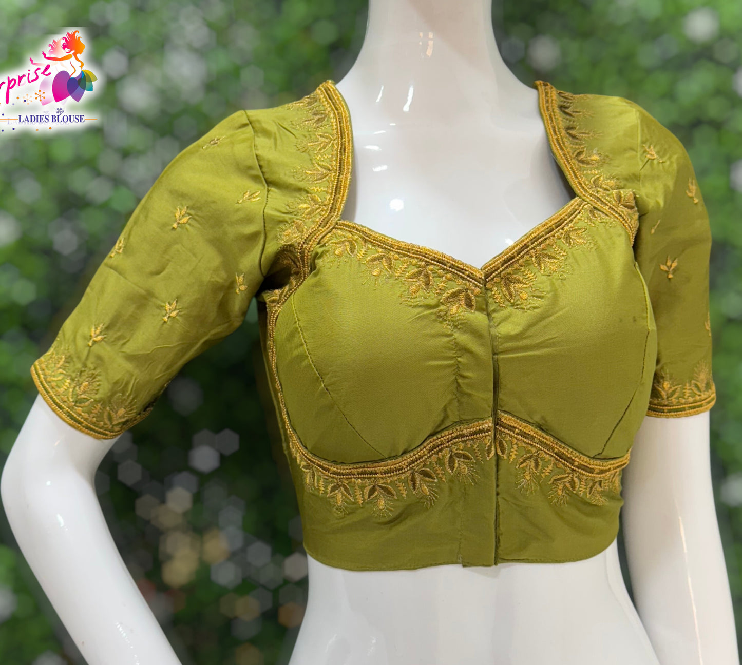 Madhubala Machine work designer Readymade blouse Mehndi Green
