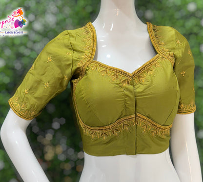 Madhubala Machine work designer Readymade blouse Mehndi Green