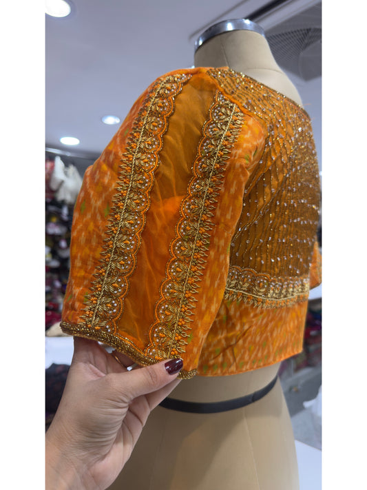 HANDWORK READY MADE POCHAMPALLY BLOUSE (Orange)
