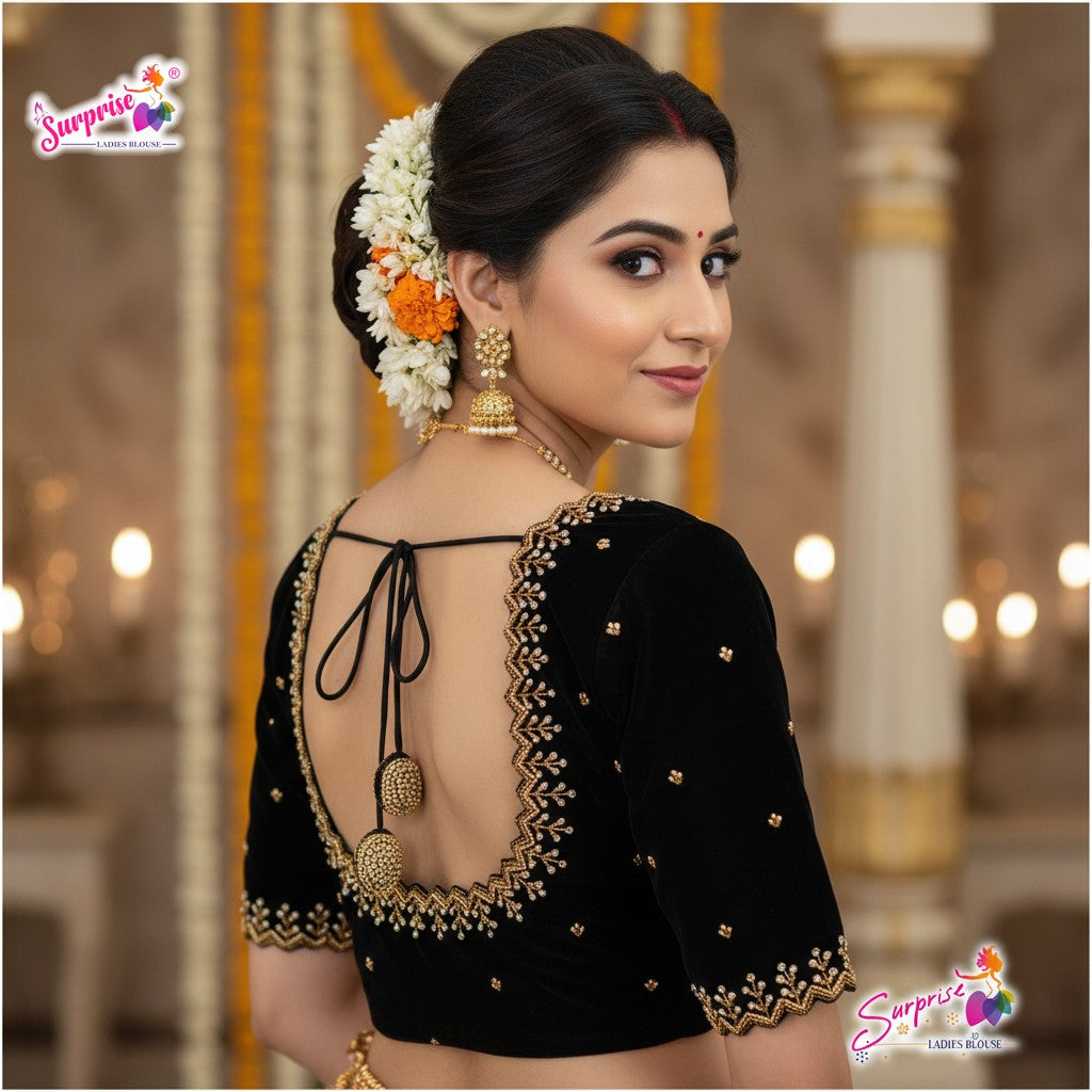 Velvet handwork designer Readymade blouse black color