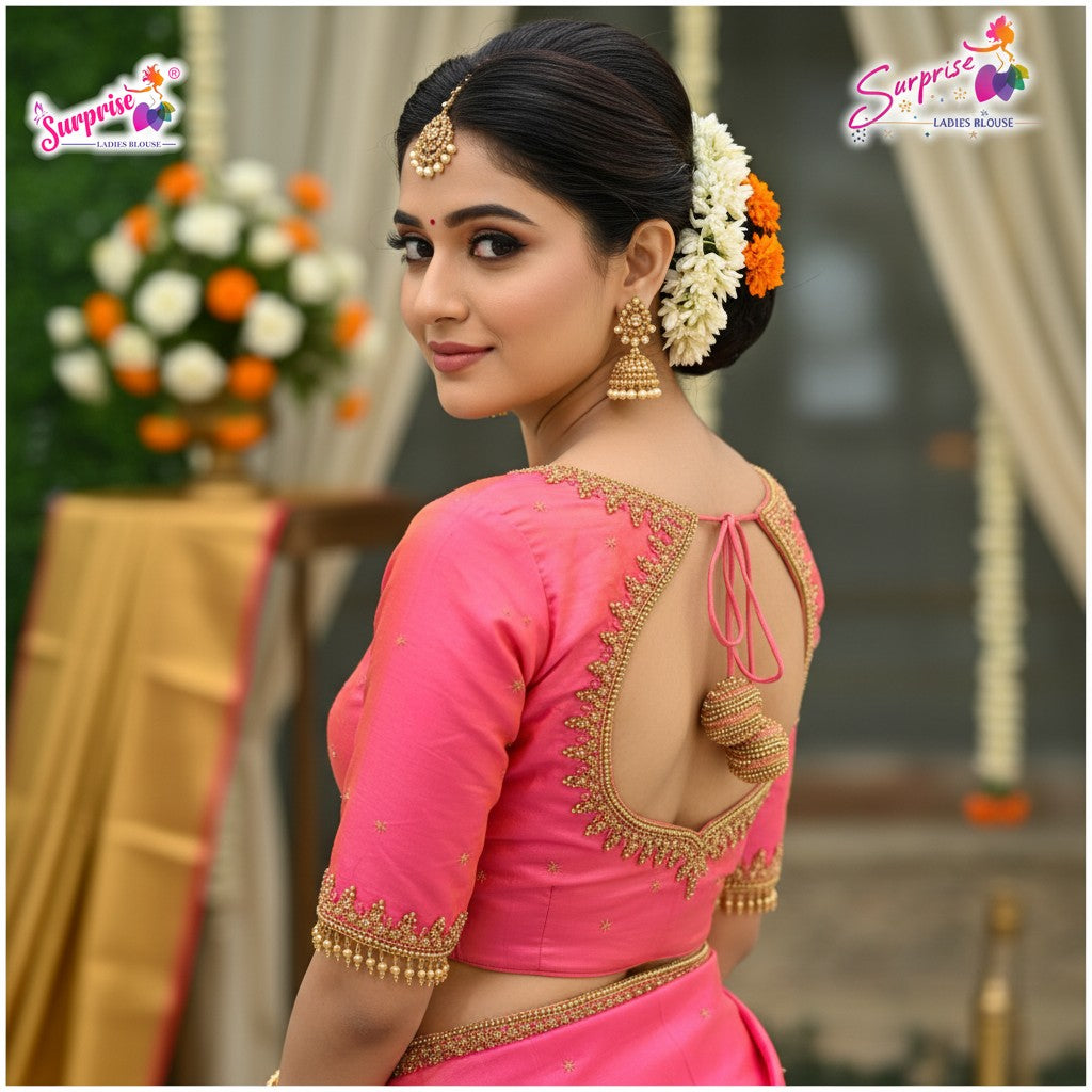 Designer handwork Ari work blouse Pink color