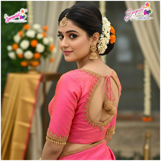 Designer handwork Ari work blouse Pink color