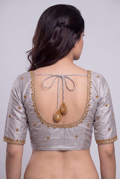 HANDWORK READY MADE BLOUSE  AARI WORK (SLIVER)