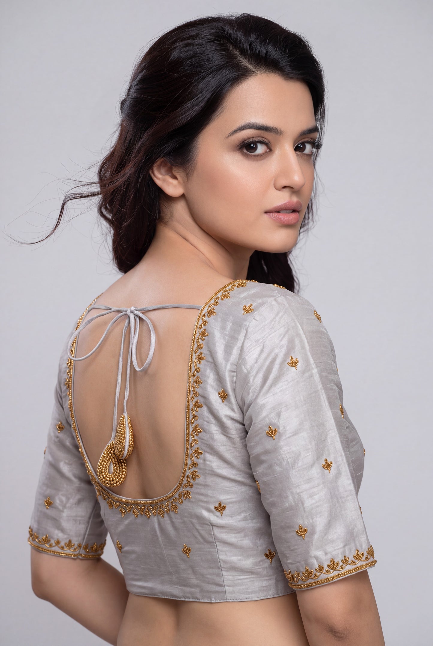 HANDWORK READY MADE BLOUSE  AARI WORK (SLIVER)