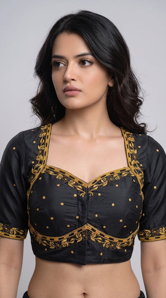 SurpriseLadies blouse Madhubala readymade black blouse with intricate gold machine embroidery and square neckline