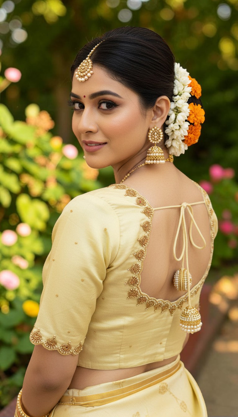 SurpriseLadies blouse cream designer blouse with intricate gold Ari handwork and back tie-up detail on a woman