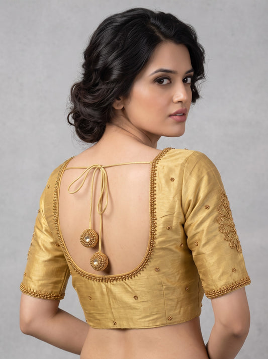 SurpriseLadies blouse gold designer handwork Ari work blouse with back tie-up and intricate bead detailing