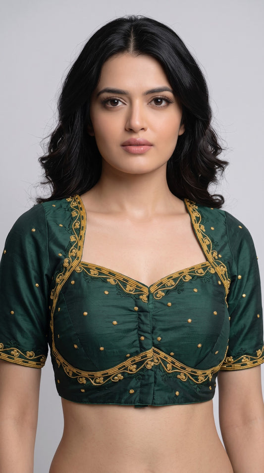SurpriseLadies blouse dark green readymade designer blouse with intricate gold machine embroidery and square neckline