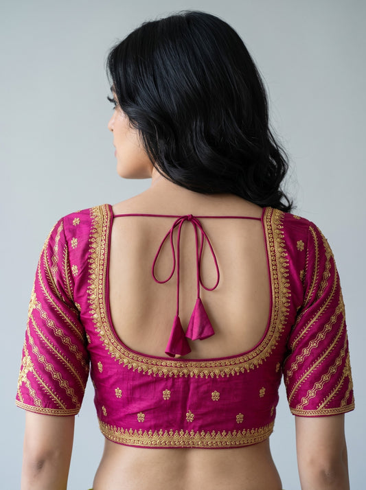 SurpriseLadies blouse Madhubala designer readymade blouse in magenta with intricate gold machine embroidery and back tie