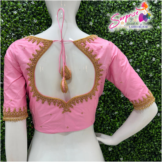 SurpriseLadies blouse baby pink designer handwork Ari work blouse with intricate gold bead detailing and back tie-up