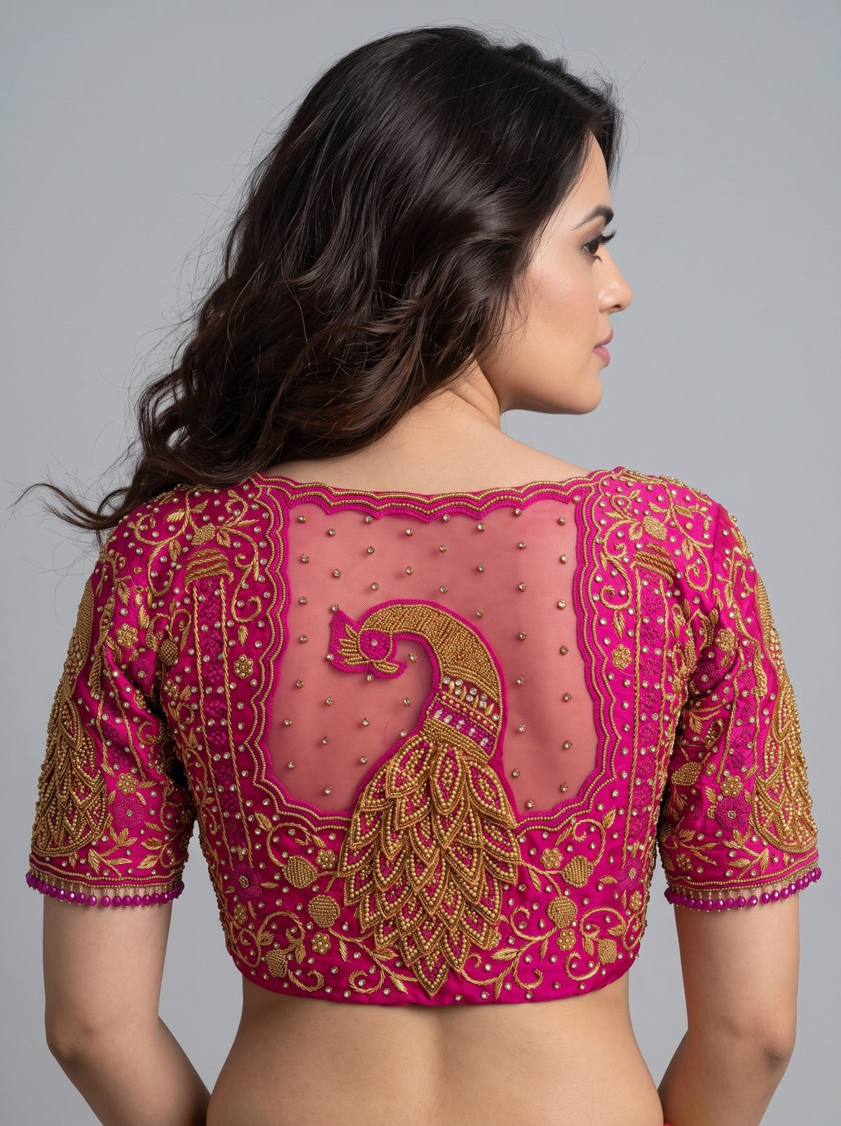 SurpriseLadies blouse pink bridal handwork blouse featuring intricate gold peacock embroidery and sheer back detail