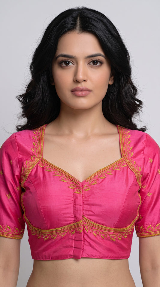 SurpriseLadies blouse Madhubala readymade pink blouse with intricate gold machine embroidery and a square neckline