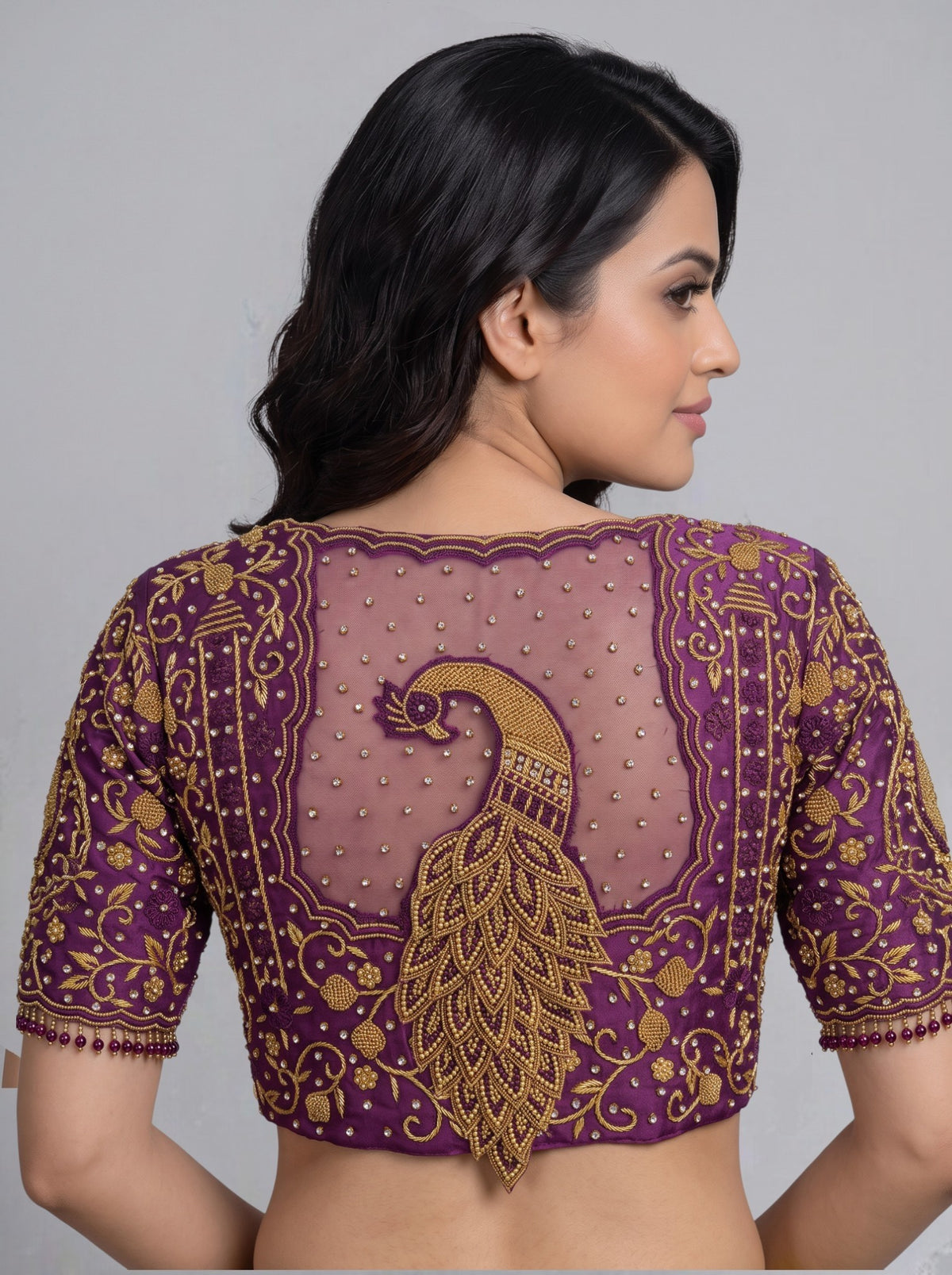 SurpriseLadies blouse bridal handwork purple blouse with intricate gold peacock embroidery and bead detailing