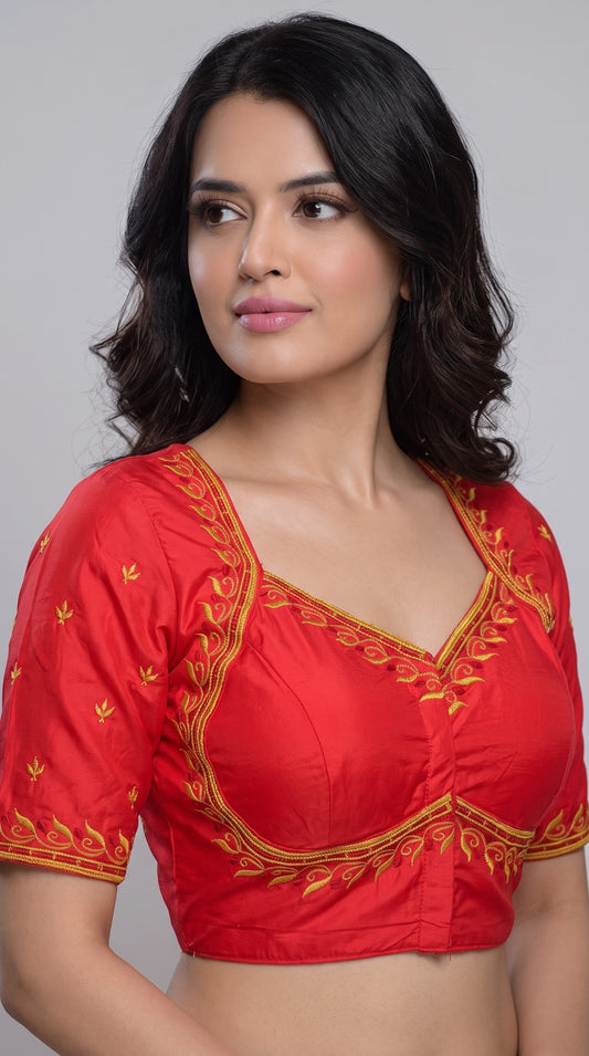 SurpriseLadies blouse red readymade blouse featuring intricate gold machine embroidery and a flattering V-neckline.