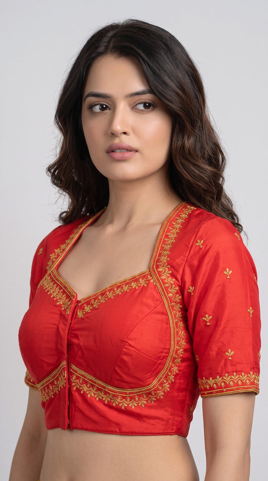 SurpriseLadies blouse red readymade blouse with gold Madhubala machine embroidery and a sweetheart neckline.