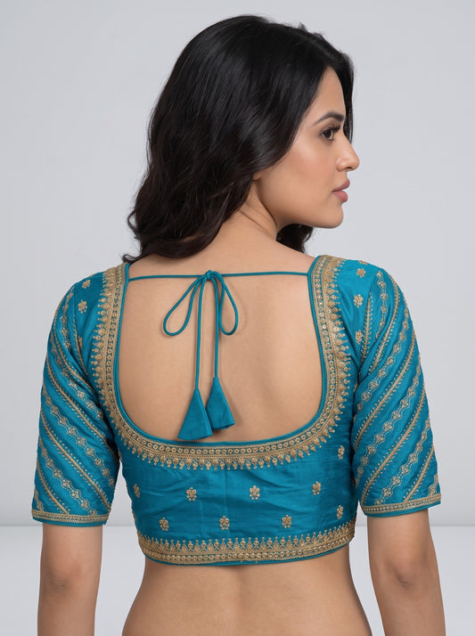SurpriseLadies blouse Madhubala teal readymade blouse with gold machine embroidery and back tie-up detail